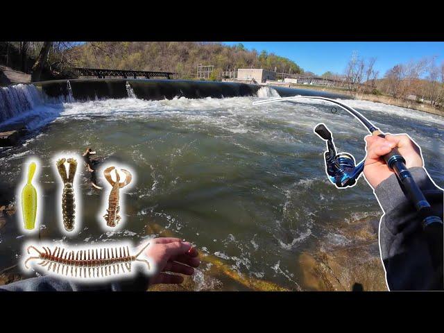 Testing multiple finesse baits at a RAGING SPILLWAY | ISHTECH ewg Ned hooks | SMALLMOUTH |