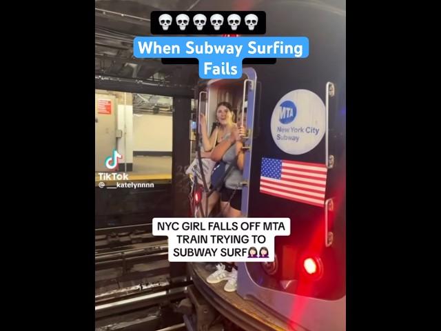 NYC girl falls off the MTA train trying to subway surf #shorts #fails