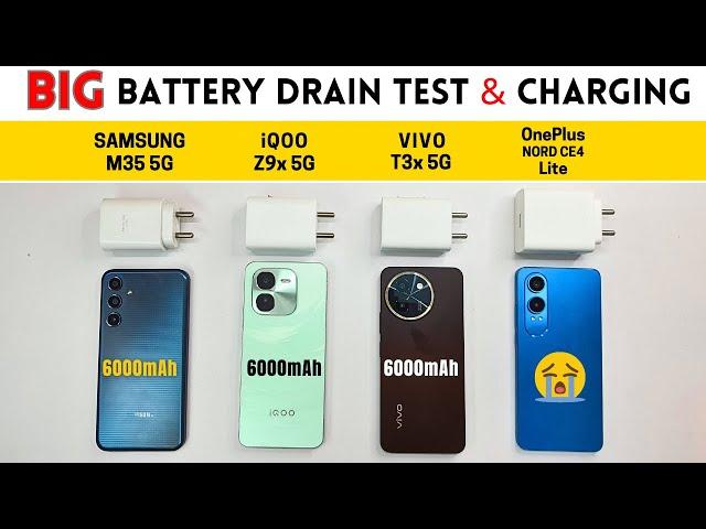 (5G) BATTERY Drain & Charging Test  SAMSUNG M35 5G vs iQOO Z9 vs VIVO T3x vs OnePlus Nord CE 4 Lite