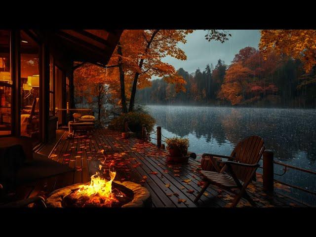 Lakeside Porch Ambience  Autumn Rainy Morning And Bonfire Burning For Sleep, Relax, Rest