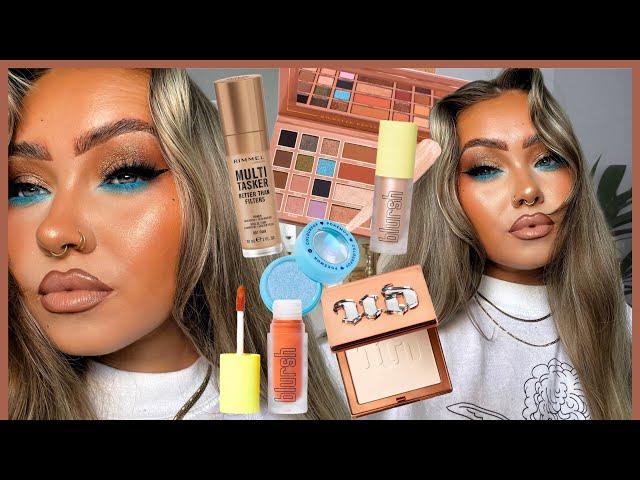 MAKEUP + HAIR GRWM  Trying heatless Curls  Bronze Glam | Pop of BLUE 🩵