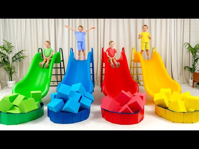 Fünf Kinder suchen vier Autos in vier Farben