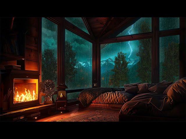 A cozy living room with large windows overlooking the forest | Rain and Thunder Sounds for Sleeping