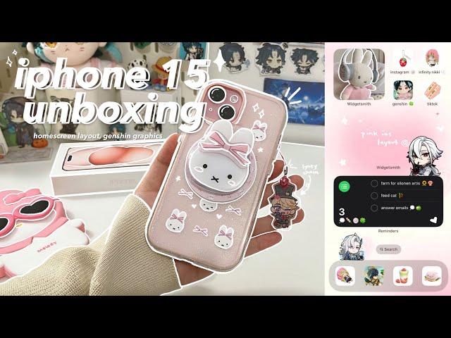  iphone 15 aesthetic unboxing (pink) - phone transformation + accessories, setup, genshin