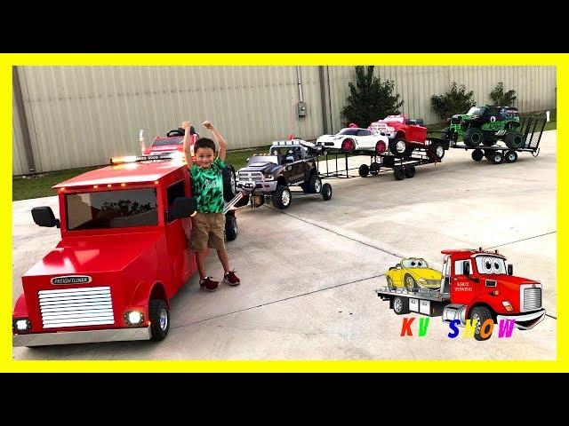 Mini Rollback Pulling The 2 Car Trailer, Gooseneck Trailer, And Powered Ride On Grave Digger