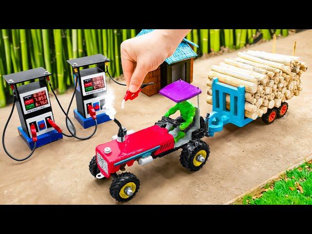 diy tractor mini petrol pump machine science project | Best tractor trolley full wood loading