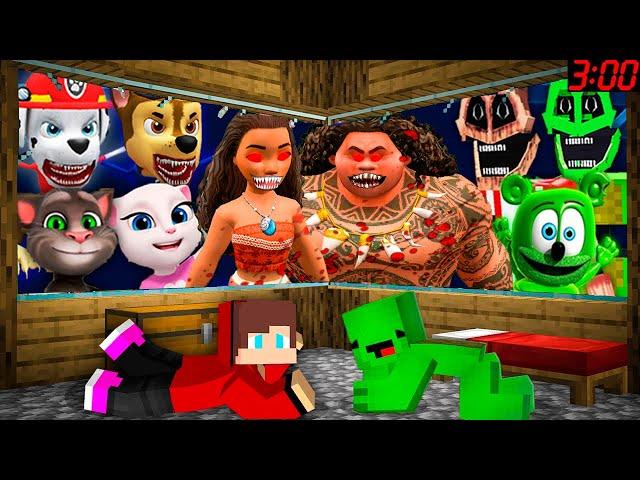 JJ and Mikey HIDE from MOANA and MAUI EXE , Mimics , Gummy Bear , talking tom in Minecraft - Maizen