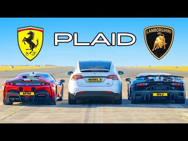 Tesla Model X PLAID v Ferrari SF90 v Lambo SVJ: DRAG RACE