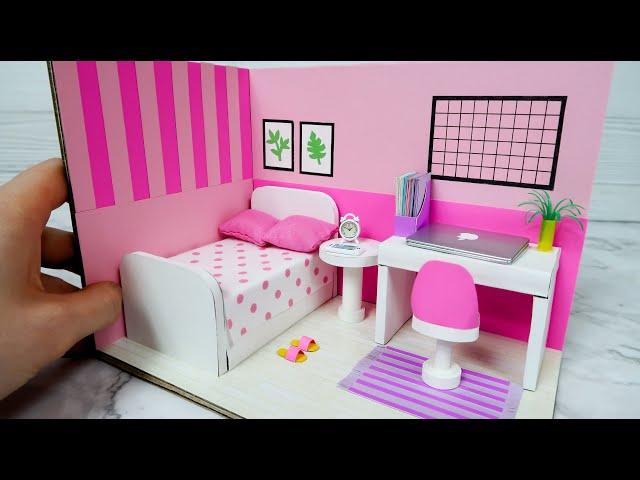 DIY Miniature Cardboard House #10    PINK Bedroom Decor