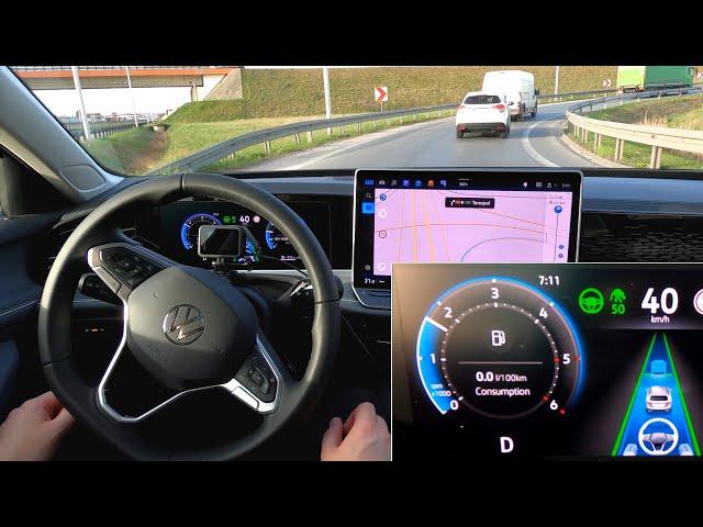 Travel Assist in 2024 Volkswagen Passat B9. Semi-autonomous driving on highway, traffic jam assist