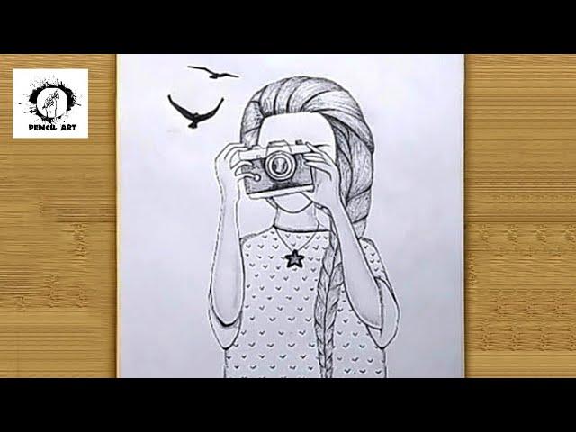 Easy Girl with Camera Drawing | world photography day drawing | easy girl sketch | easy shading