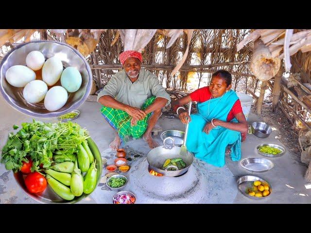 DUCK EGG CURRY with BRINJAL and fresh VEGETABLE FRY cooking & eating by santali tribe people