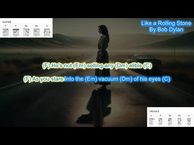 Like a Rolling Stone (no capo) by Bob Dylan play along with scrolling guitar chords and lyrics