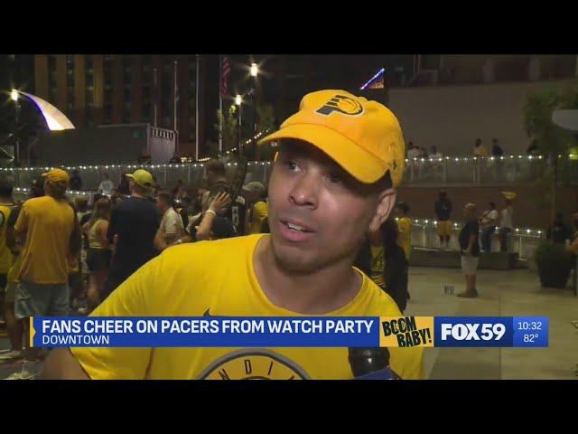 A fan at the Pacers watch party reacts to Game 6
