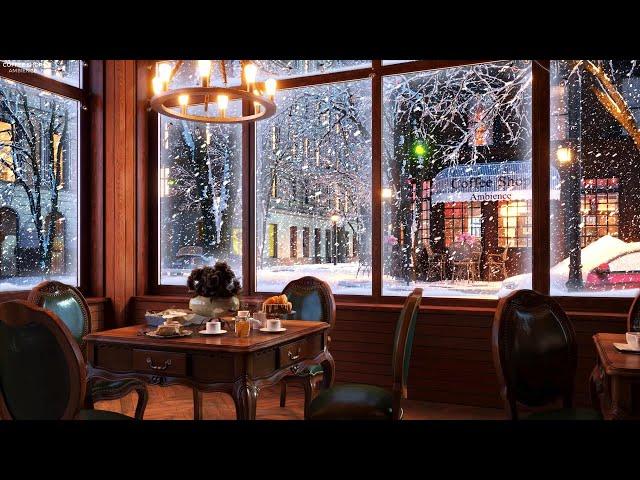 Snow Night on Window at Coffee Shop Ambience with Relaxing Smooth Jazz Music and Snow Falling