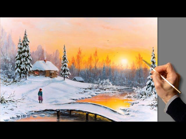 Oil Landscape Painting - Winter Sunset / Easy Art / Drawing Lessons / Satisfying Relaxing / Масло.