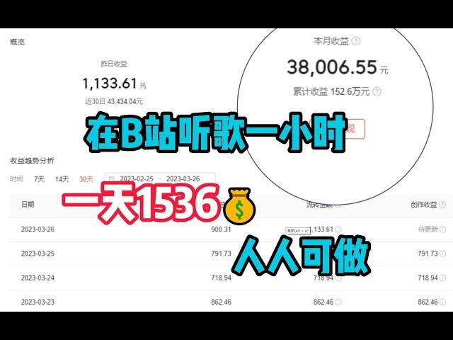 【副业推荐】亲测实战，坚持B站听歌赚钱，一天收入1536，方法简单人人可做，分享我的经验和详细操作方法！建议收藏！