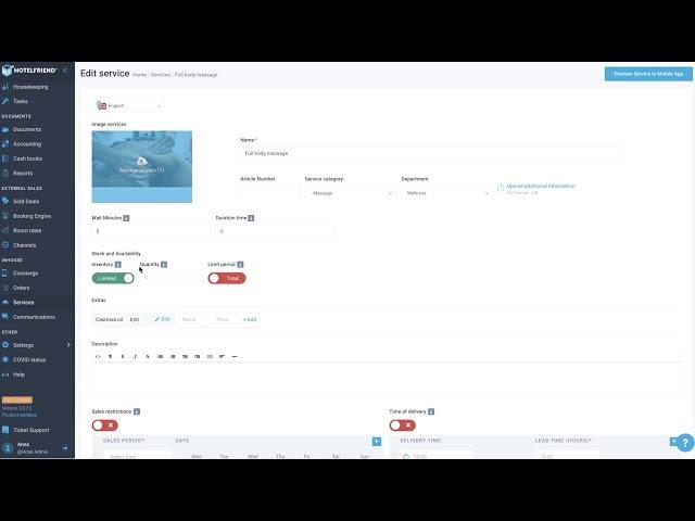 How to set up Stock and Availability of Service in the HotelFriend System