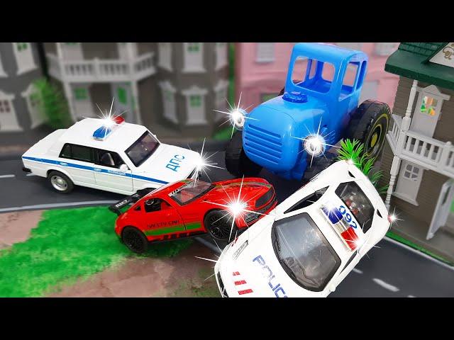 Story with blue tractor and cars for kids. CARTOONS about Toy Cars Drive