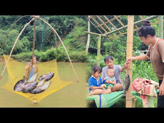 Single mother - catching fish in a deserted pond, separated life