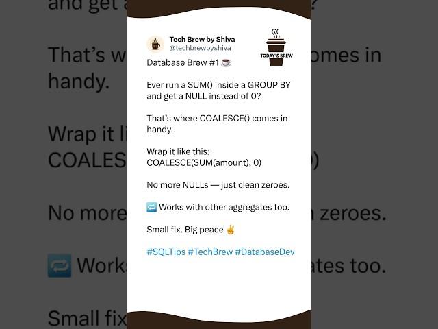 Fix NULLs in SQL Aggregates with COALESCE ️ | Database Brew #1 #TechBrewByShiva #shorts