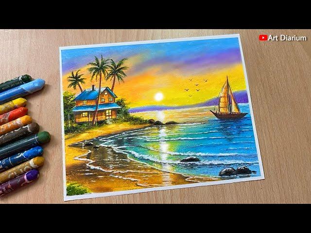 Beach Sunset Scenery Drawing Step by Step - for Beginners