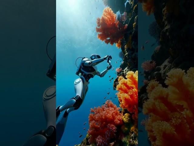 FUTURE ROBOT CHECKING COROLS UNDER OCEAN.