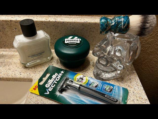 Gillette Vector + Razor, Proraso Green, & Shavemac Brush.