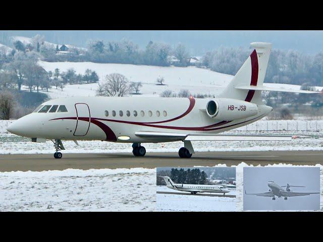 ️️ Snowy Take-Offs from Bern Airport!  Falcon 2000, Challenger 850 & Gulfstream G650! ️️