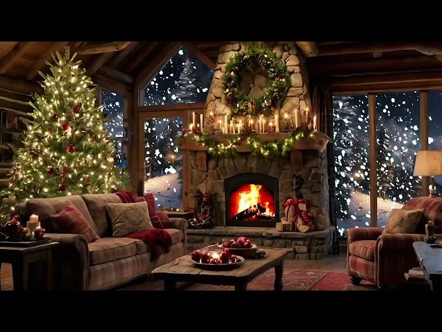 Cozy Christmas Jazz Music Ambience With A Crackling Fireplace & Snowfall  For Relaxation ️ 