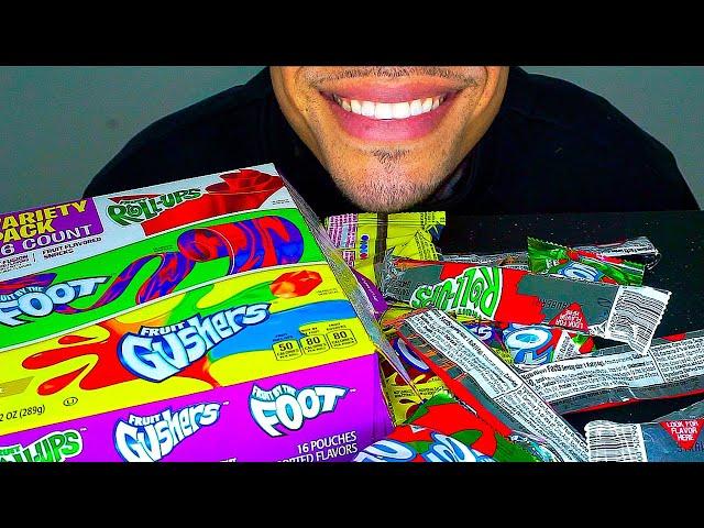 ASMR FRUIT ROLL UP GUSHER FRUIT BY THE FOOT CANDY BITES ASSORTED FLAVORS *CHEWY* EATING SHOW MUKBANG