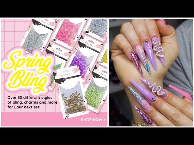 Rhinestone Snake Print Glitter Ombré Stiletto Polygel Nails ft NEW Bling & Charms Sets from MAKARTT!