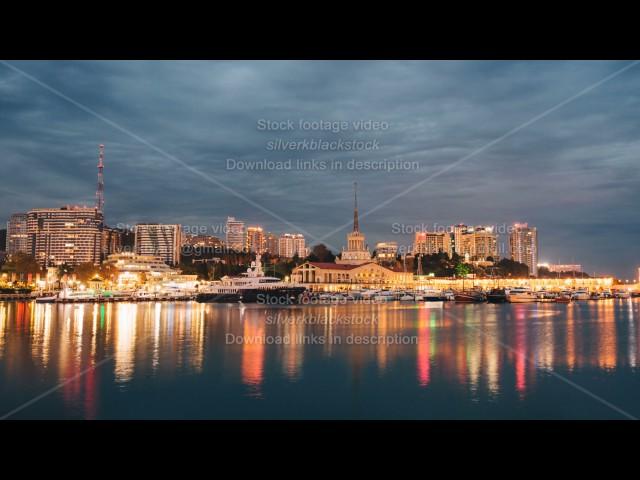 Day to night time-lapse of historical center and Sochi sea port