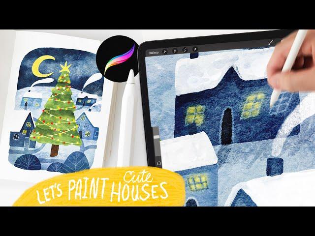 how to paint a winter night landscape in procreate  EASY procreate tutorial, landscape illustration