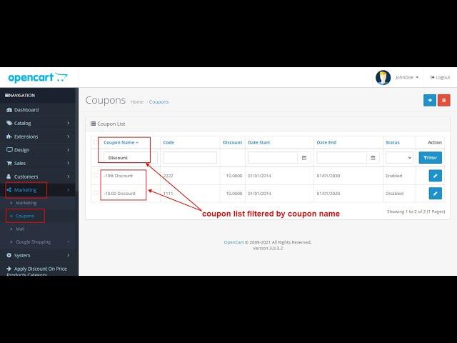 Admin Coupons List Filter - OpencartTools