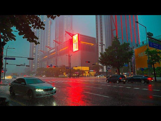 [4K HDR] Walking in Heavy Rain at Night in Seoul  | City Ambience Umbrella Sounds ASMR