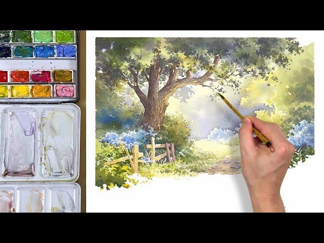 How to Paint in Watercolor: Oak Tree, Flowers and a Dirt Road