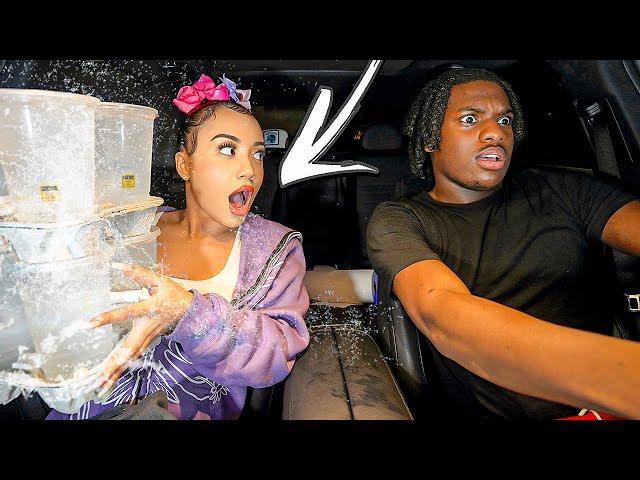 DRIVING SUPER WILD WHILE MY GIRLFRIEND HOLDS ICE COLD WATER ! *Gone Wrong*