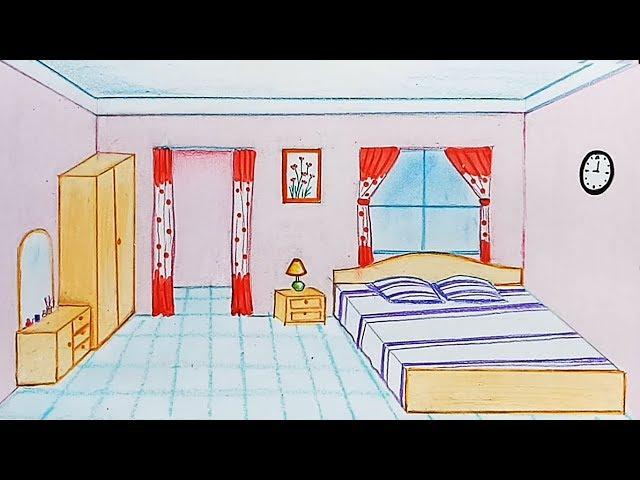 How to draw a bedroom step by step