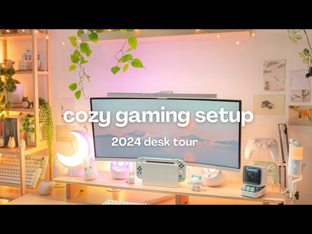 cozy gaming setup tour 2024  desk makeover,  pinterest inspired, aesthetic (with links)