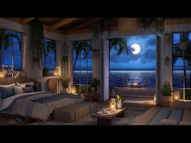 Ocean Waves Sounds At Night ️Crackling Fire Sounds & Ocean Waves For Sleep In a Cozy Island Retreat