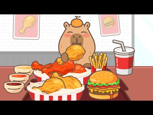 Capybara mukbang animation / ASMR / Hamburger, fried chicken fried potatoes and soda / Capy Capy