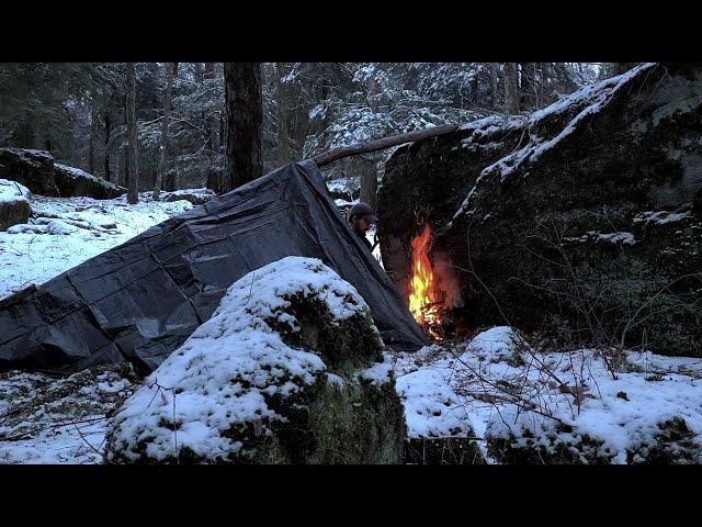 SOLO Winter Camping in Snow - Deep Woods, Cheap Tarp/Big Rock Shelter, Swedish Torch Cooking