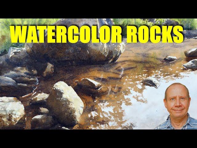 Painting rocks above and under water with watercolors. Realistic watercolour painting of rocks.