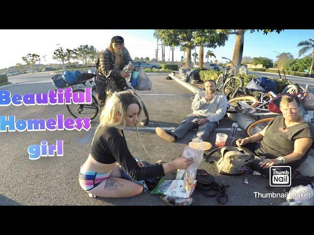 Helping Beautiful  homeless girl and her friends glasses and foods ,backpacks . acts of kindness