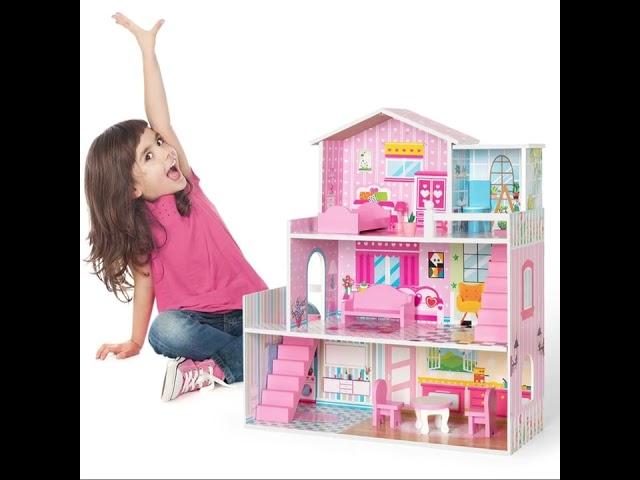 Wooden Dollhouse with Furniture, Doll House Playset for Kids