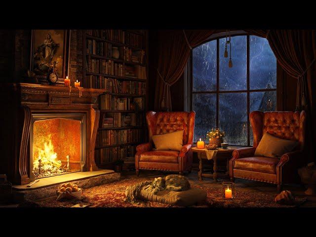 Cozy Room Ambience with Jazz Piano ️ Thunderstorm, Rain, Fireplace Sounds to Reading & Sleeping 4K