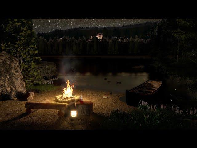 Campfire by the Lake - crackling fire sounds | Bonfire & Crickets & Frog sounds 8 hours