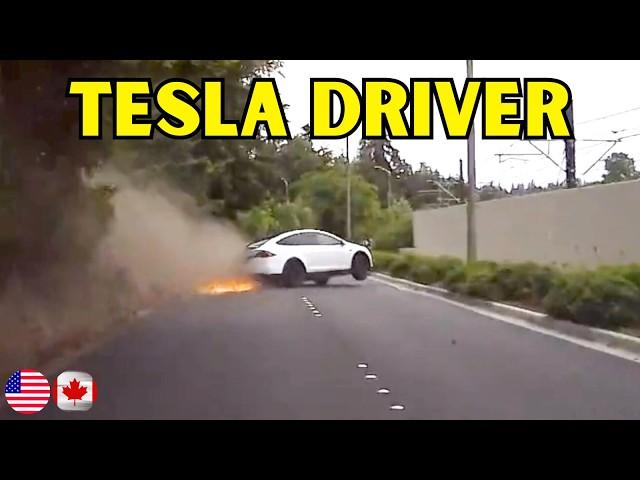 Tesla Driver Goes Onto Sidewalk