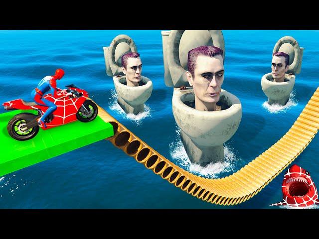 SKIBIDI TOILET BOSS & SPIDER SHARK VS ALL SUPERHEROES! NEW EPIC STUNT RACE In GTA V!